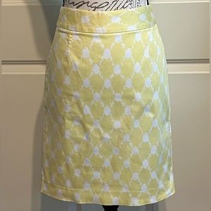 J Crew Straight Stretch Skirt Womens 6 White Yellow Pattern Knee Length Pencil